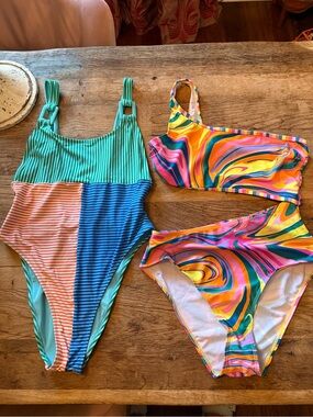 aerie Multicolor Teal, Coral & Blue One-Piece and Swirl Bikini Set